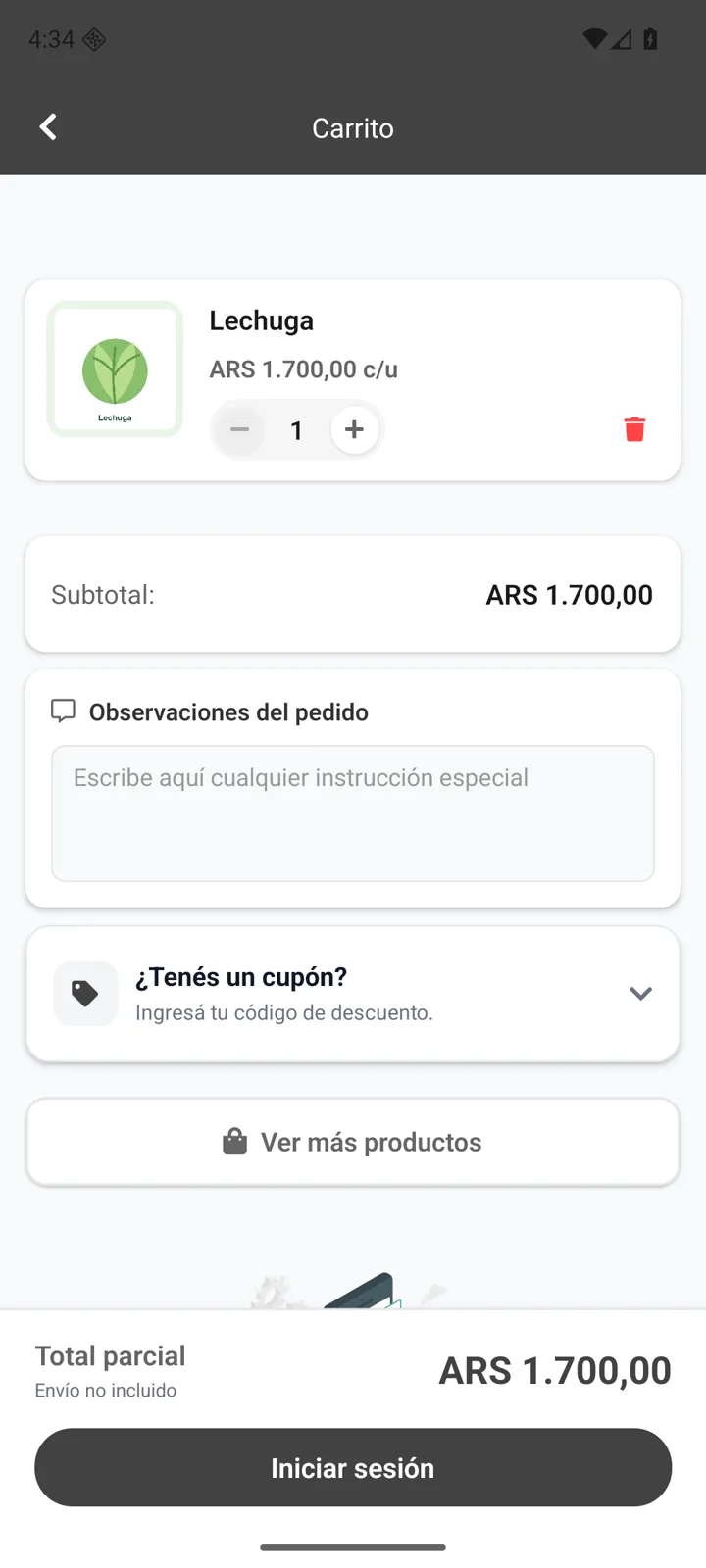 Carrito local de Verdulería VT con una lechuga y subtotal
