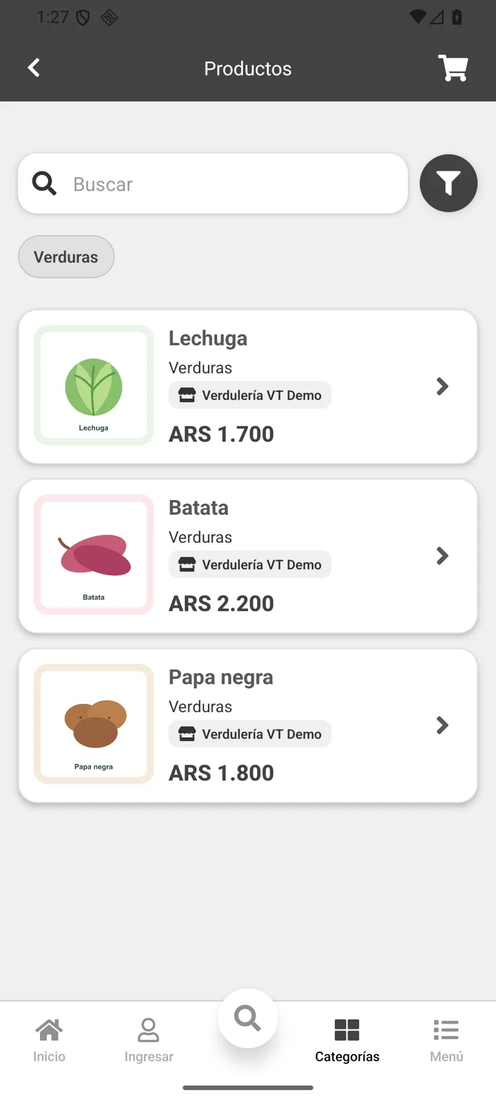 Catálogo local de Verdulería VT filtrado por verduras