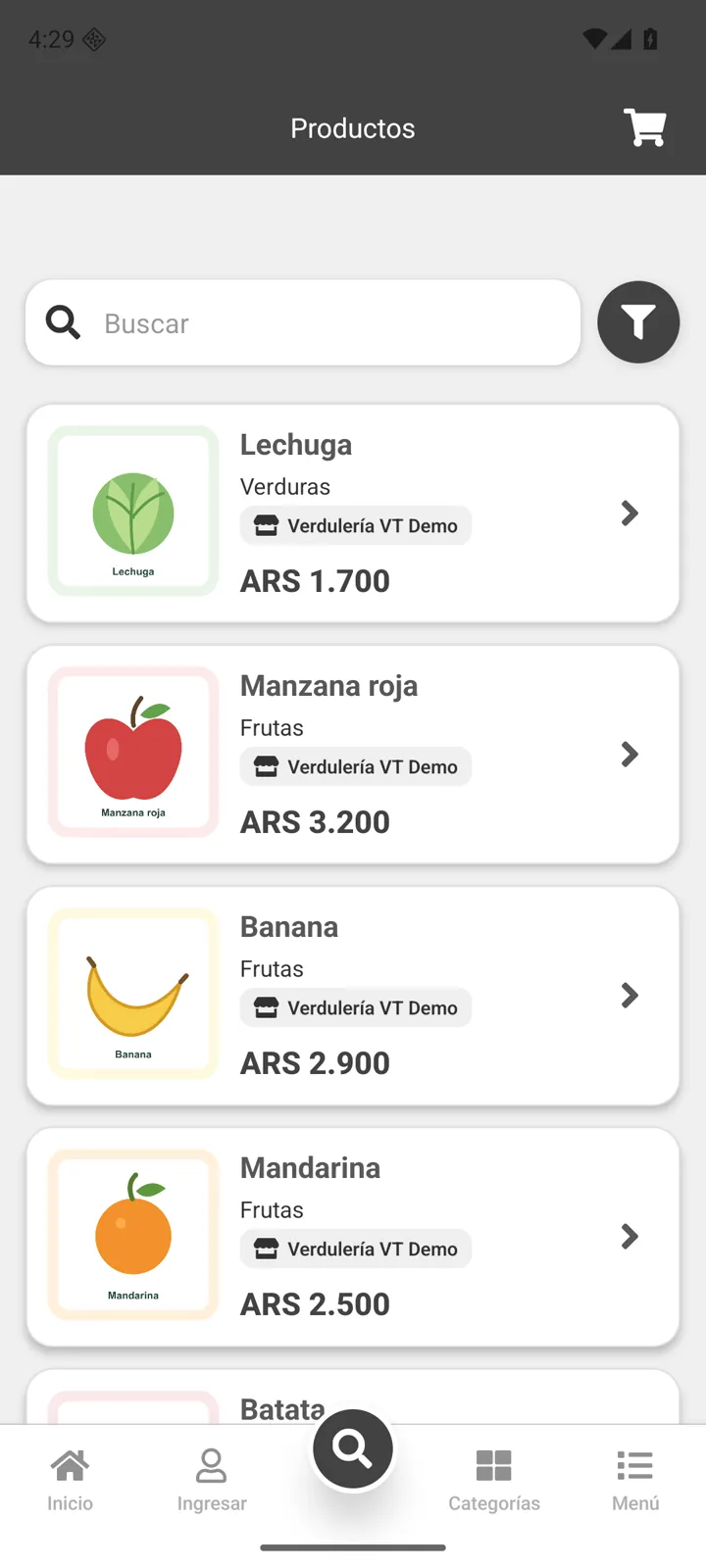 Lista local de productos de Verdulería VT con imágenes y precios