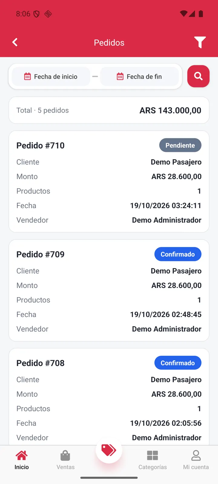 Pedidos del negocio: Listado con estado, cliente, monto y fecha.
