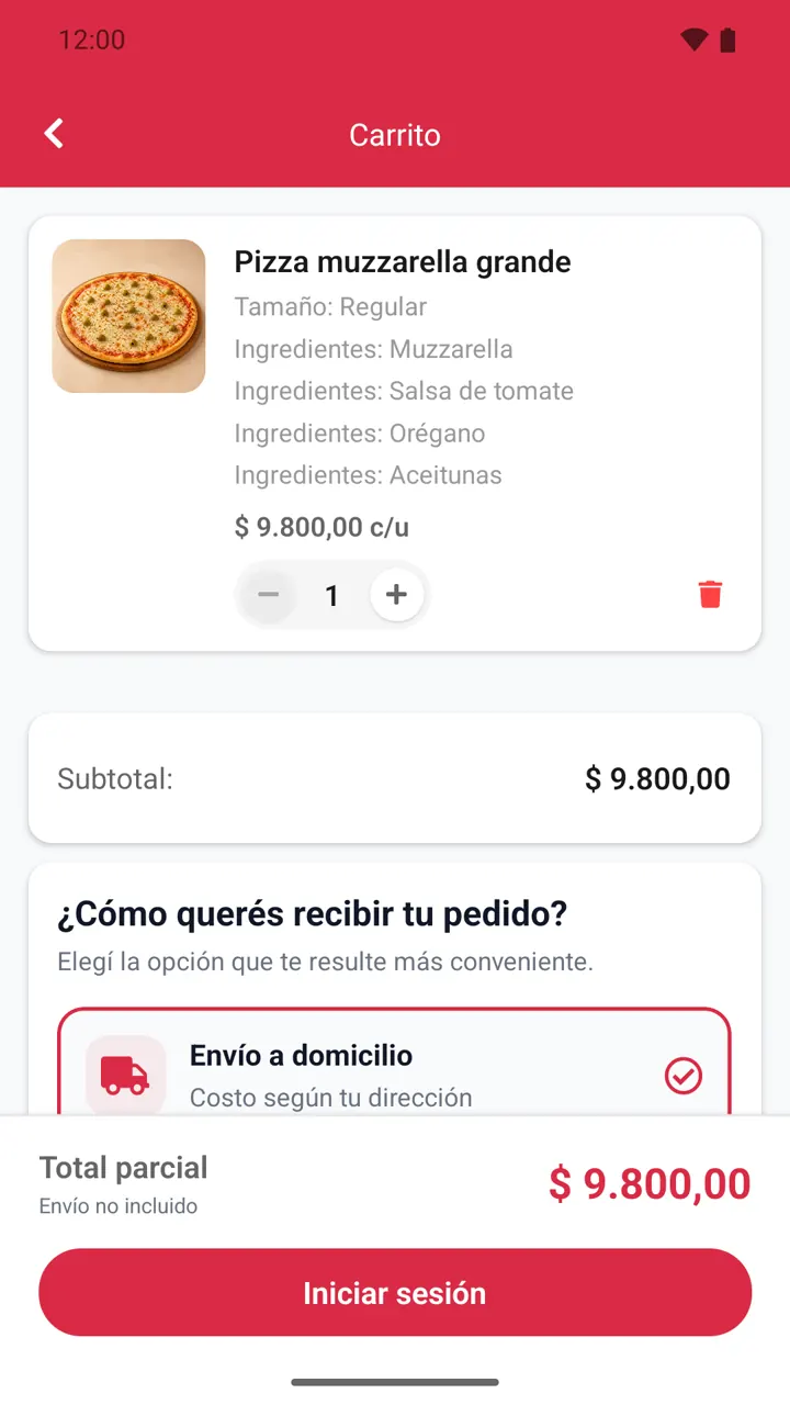 Carrito: Envío a domicilio o retiro, con el total antes de confirmar.