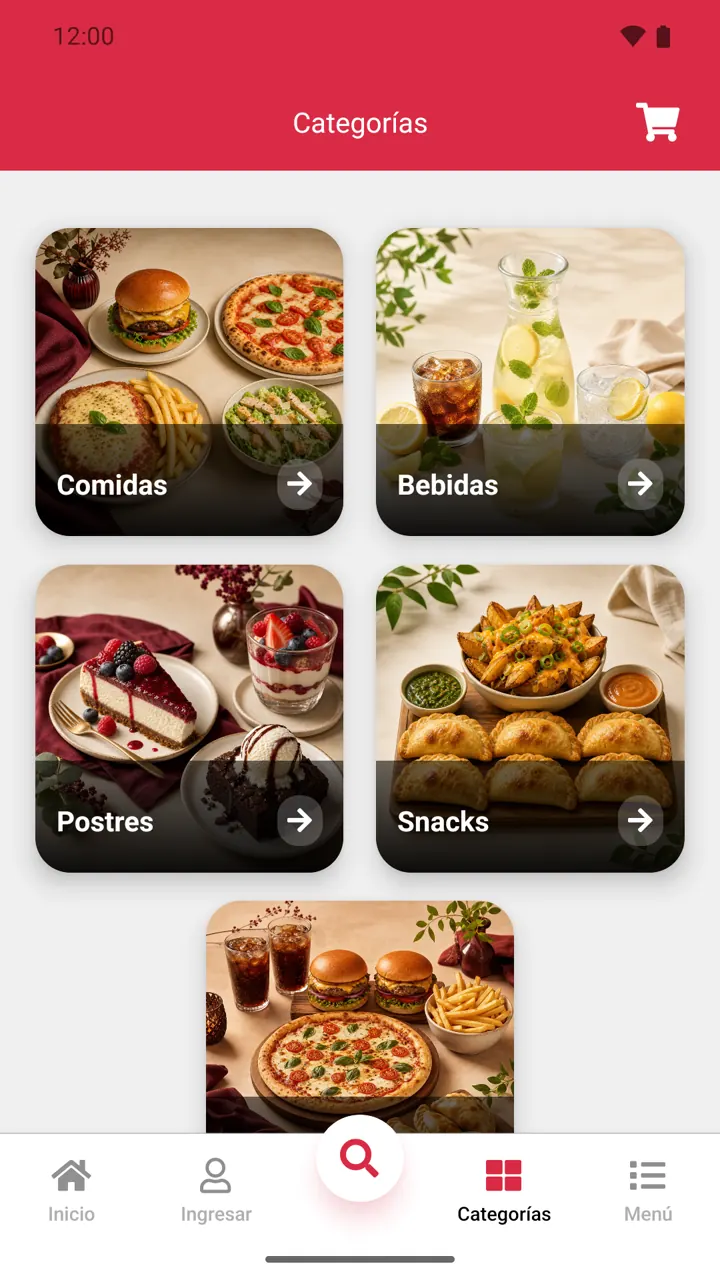 Categorías: Comidas, bebidas, postres y snacks.