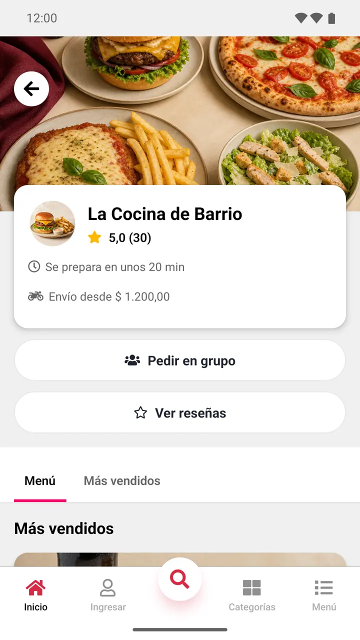 Página del local: Pedido en grupo, reseñas y el menú del local.