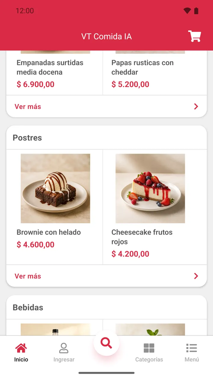 Platos por sección: Empanadas, postres y bebidas con su precio.