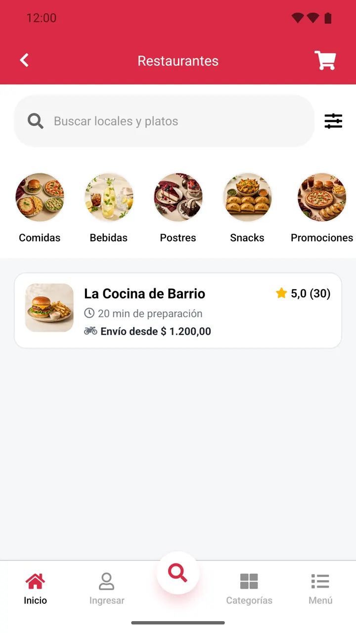 Restaurantes de la zona: Tiempo de preparación, costo de envío y calificación de cada local.