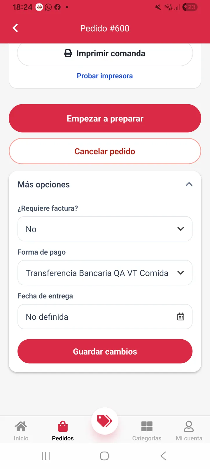 Gestión del pedido: El local empieza a preparar, imprime la comanda o cancela.