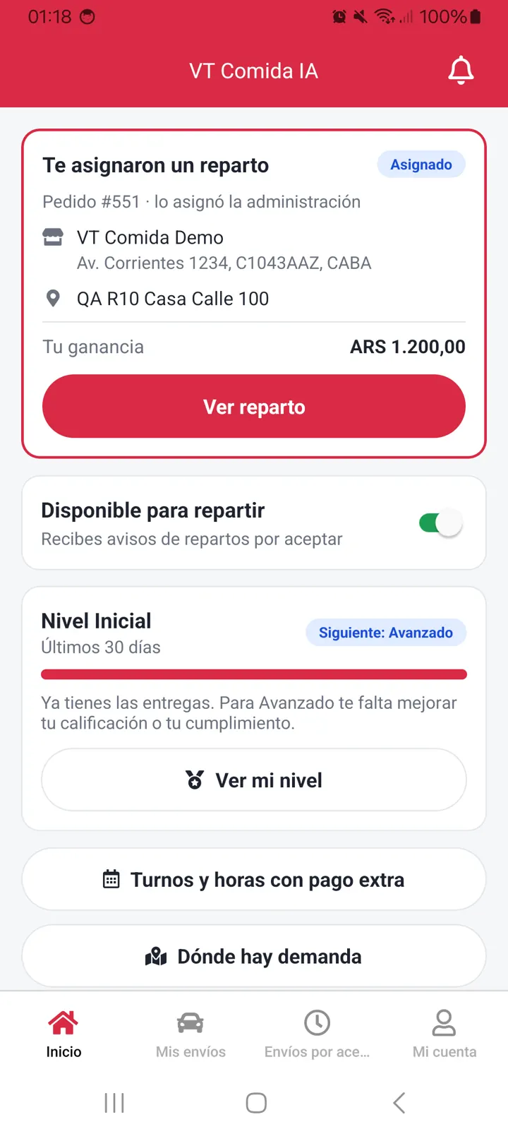 Reparto asignado: Disponibilidad, nivel, turnos con pago extra y zonas con demanda.