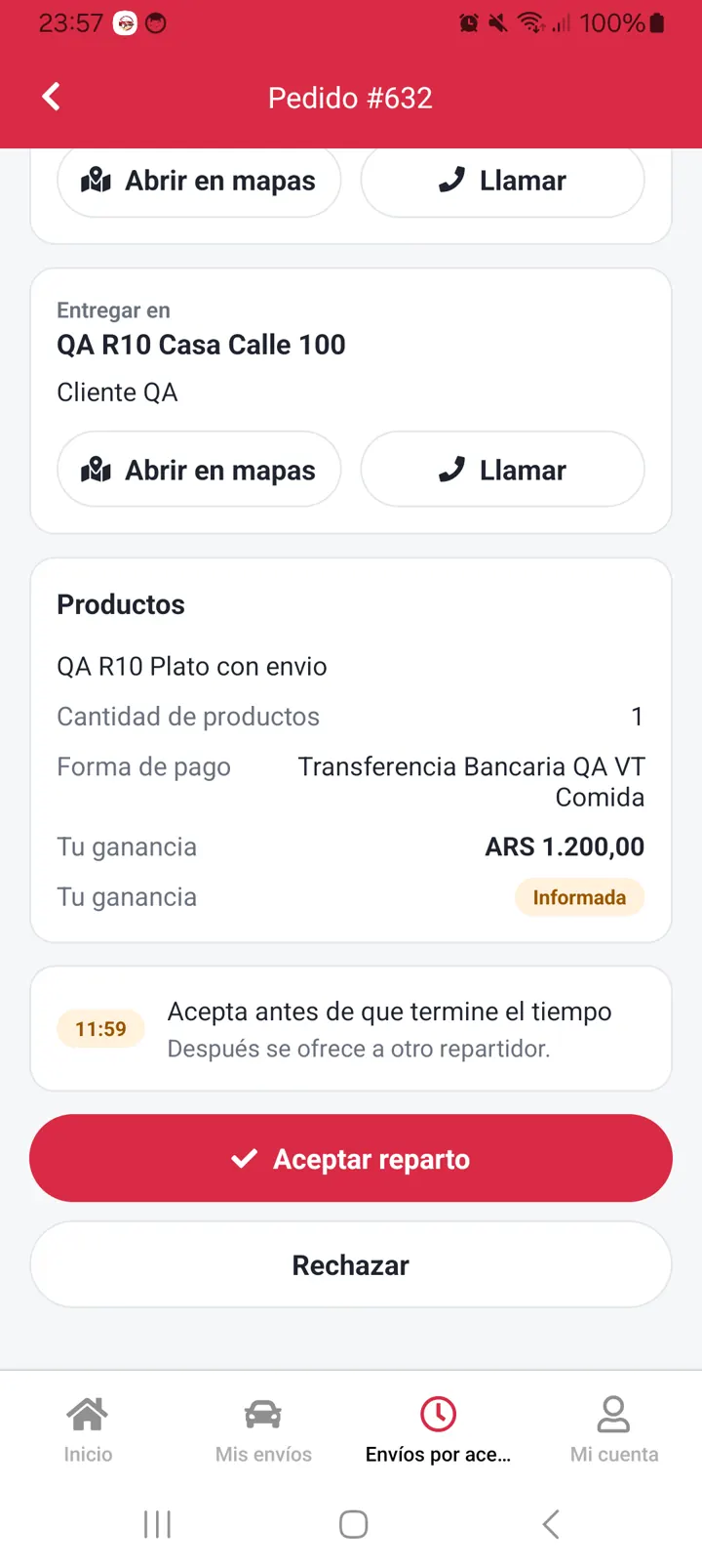 Aceptar un reparto: Retiro, entrega, productos y ganancia antes de aceptar.