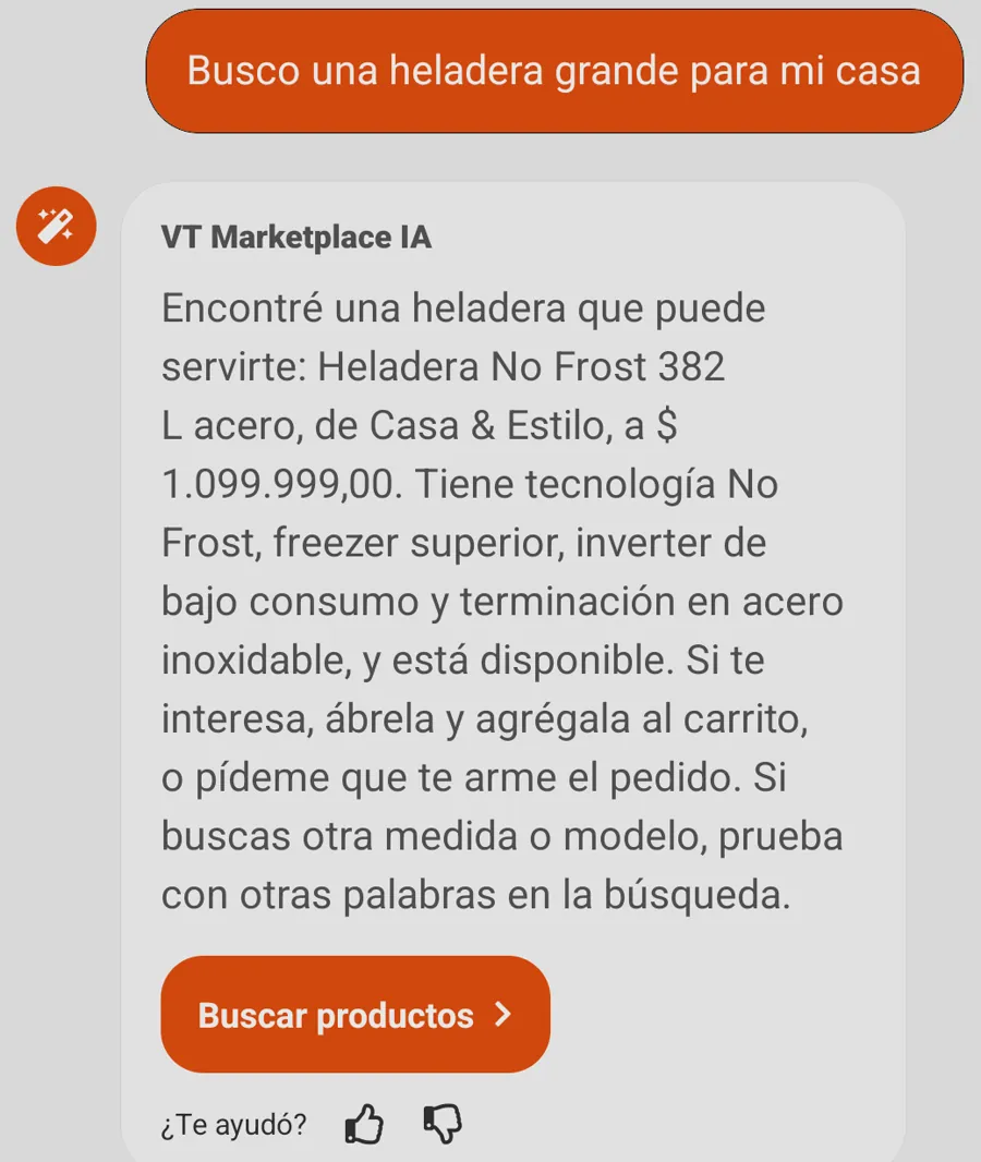 El asistente encuentra una heladera y ofrece buscar productos