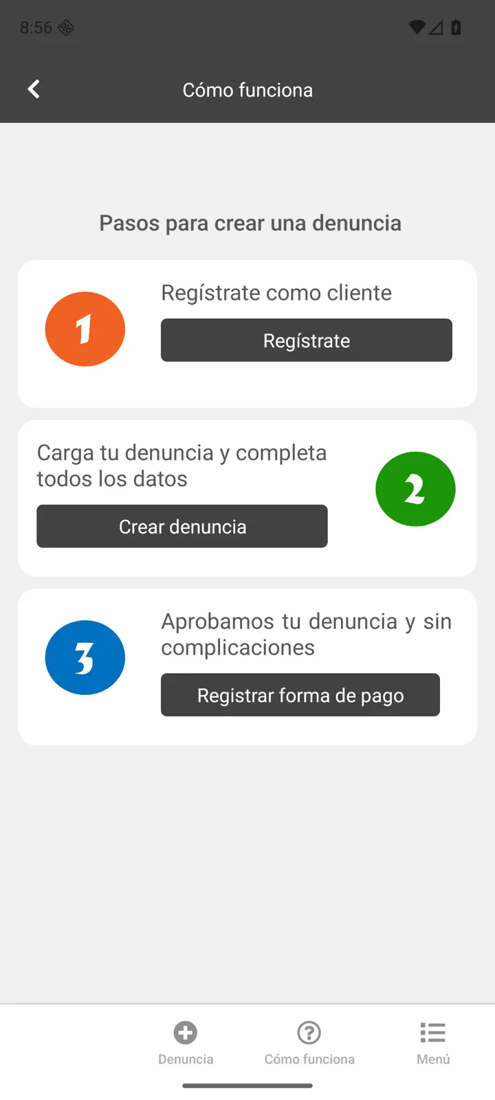 Pantalla Cómo funciona de Crimepay con tres pasos para crear una denuncia
