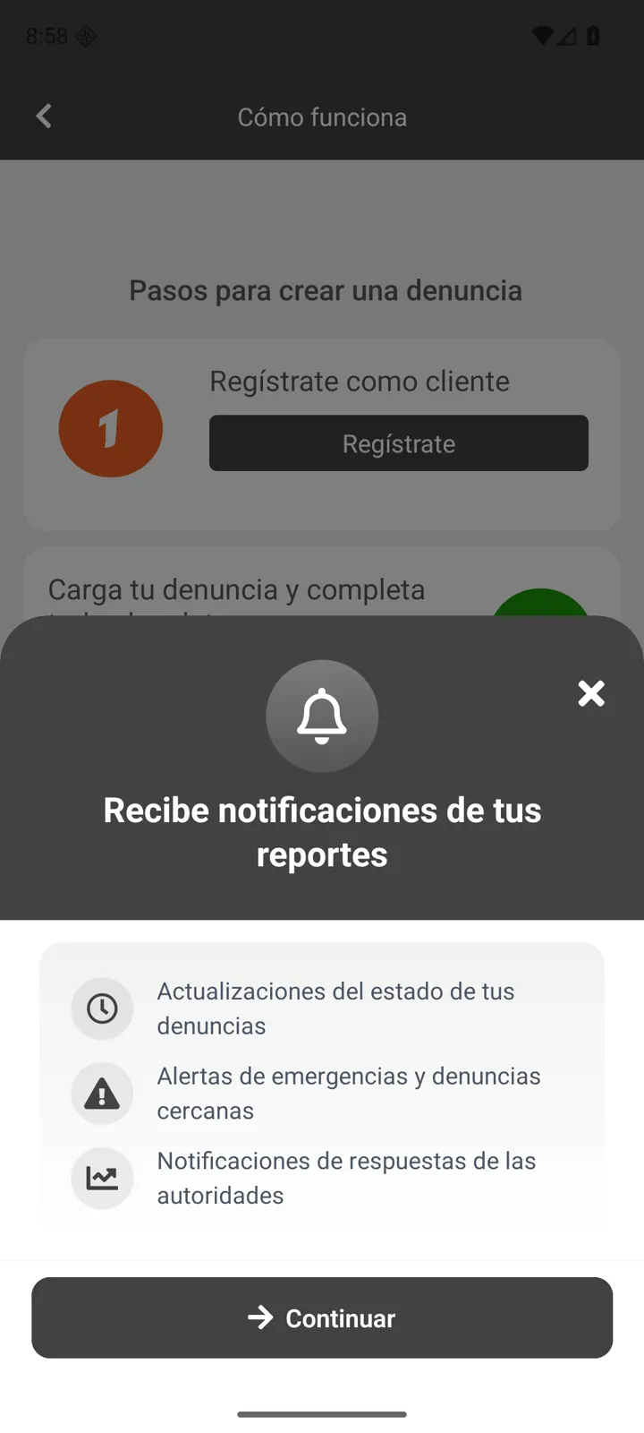 Modal de notificaciones de Crimepay para el seguimiento de reportes
