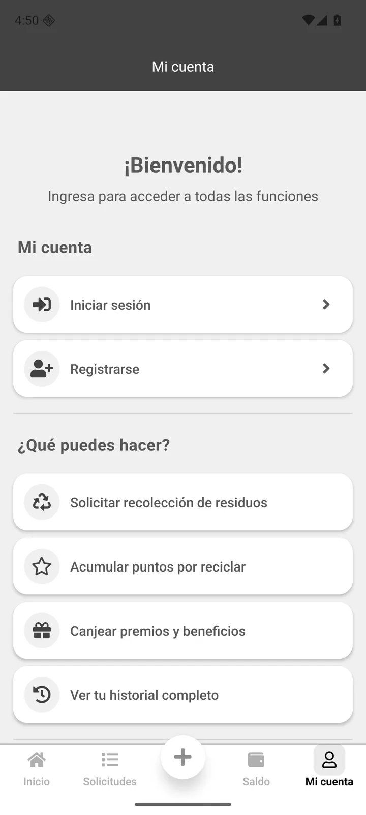 Menú público de VT Recolección con ingreso, registro y beneficios