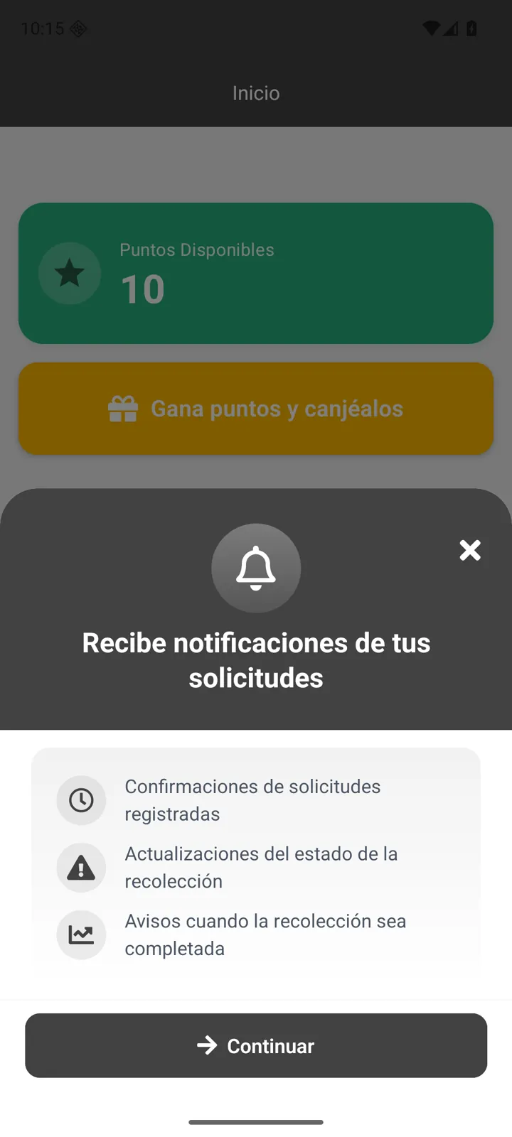 Modal de notificaciones de VT Recolección para solicitudes y estados