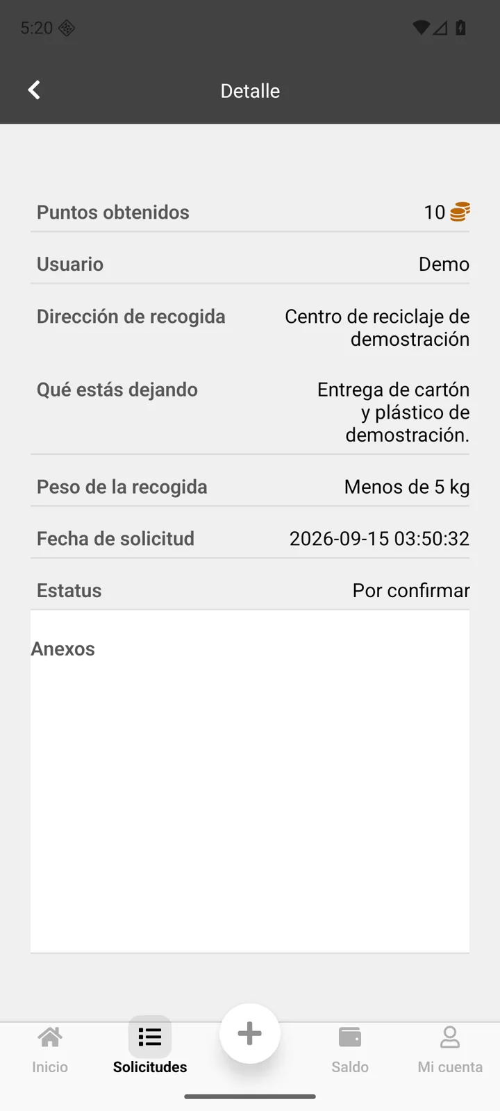 Detalle local de solicitud de VT Recolección con datos y estado