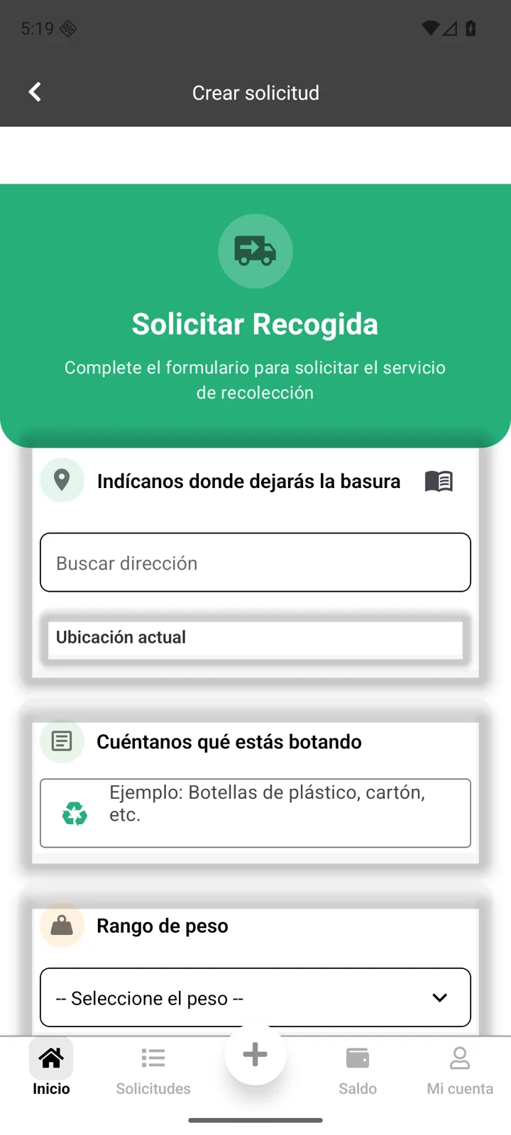 Formulario local de VT Recolección con dirección, descripción y peso