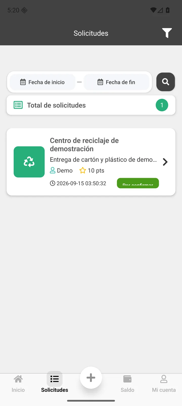 Lista local de solicitudes de VT Recolección con un registro de demostración
