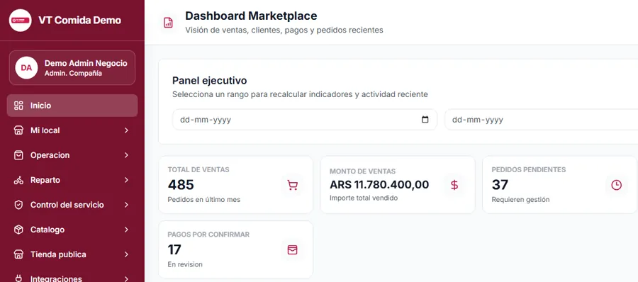 Panel web de VT Comida IA con ventas, importe vendido, pedidos pendientes y pagos por confirmar